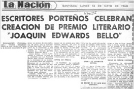 Escritores porteños celebran creación de premio literario "Joaquín Edwards Bello".