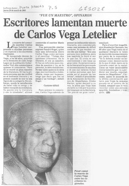 Escritores lamentan muerte de Carlos Vega Letelier.