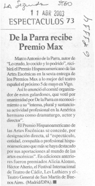 De la Parra recibe Premio Max.