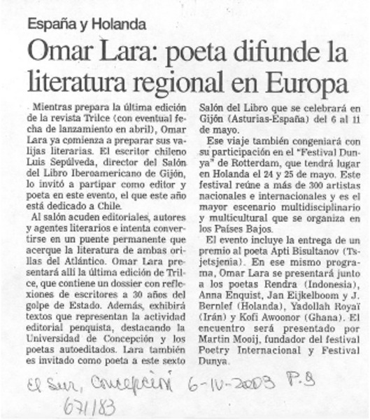 Omar Lara, poeta difunde la literatura regional en Europa.