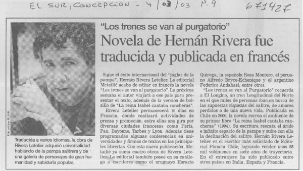 Novela de Hernán Rivera fue traducida y publicada en francés.
