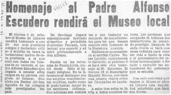 Homenaje al padre Alfonso Escudero rendirá el museo local.