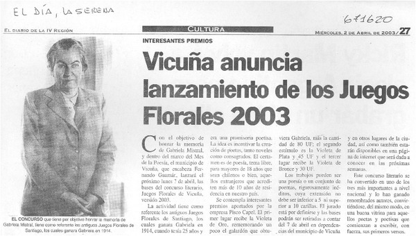 Vicuña anuncia lanzamiento de los Juegos Florales 2003.