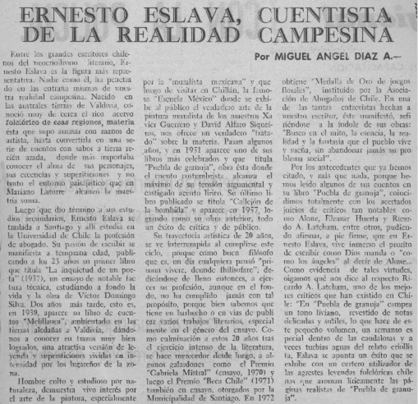 Ernesto Eslava, cuentista de la realidad campesina