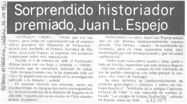 Sorprendido historiador premiado, Juan L. Espejo.