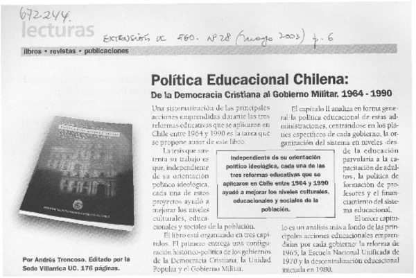 Política educacional chilena, de la democracia cristiana al gobierno militar 1964-1990.