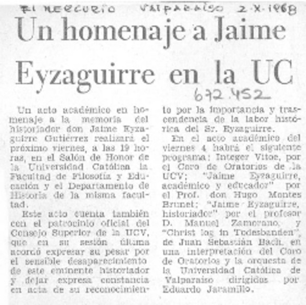Un Homenaje a Jaime Eyzaguirre en la UC.