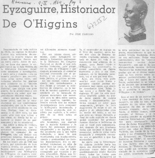 Eyzaguirre, historiador de O'Higgins