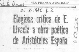 Eligiosa crítica de E. Livacic a obra poética de Aristóteles España.