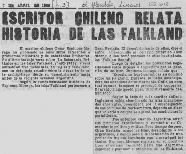 Escritor chileno relata historia de las Falkland.