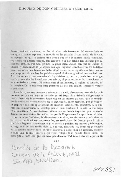 Discurso de don Guillermo Feliú Cruz.