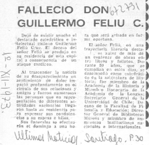 Falleció don Guillermo Feliú C.