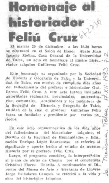 Homenaje al historiador Feliú Cruz.