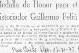 Medalla de honor para el historiador Guillermo Feliú.