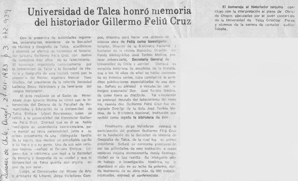 Univesidad de de Talca honró memoria del historiador Guillermo Feliú Cruz.
