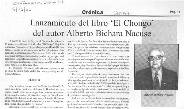 Lanzamiento del libro "El chongo" del autor Alberto Bichara Nacuse.