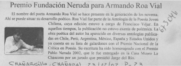 Premio Fundación Neruda para Armando Roa Vial.