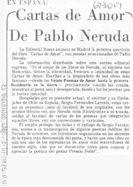 Cartas de amor de Pablo Neruda.