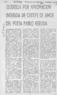 Querella por apropiación indebida de Cartas de amor del poeta Pablo Neruda