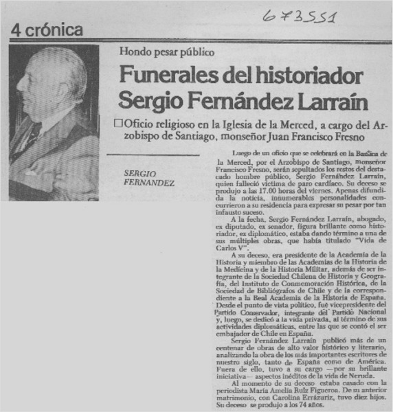 Funerales del historiador Sergio Fernández Larraín.