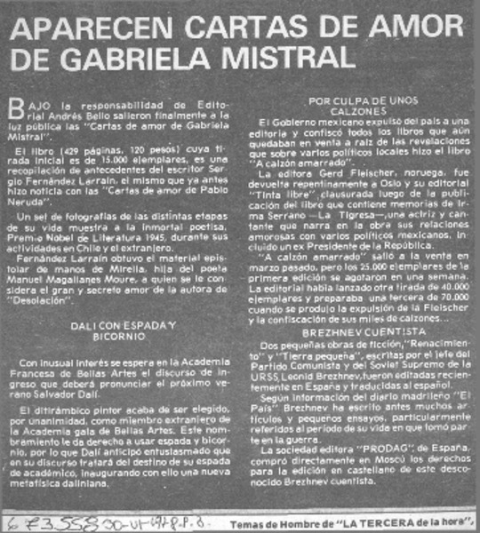 Aparecen Cartas de amor de Gabriela Mistral.