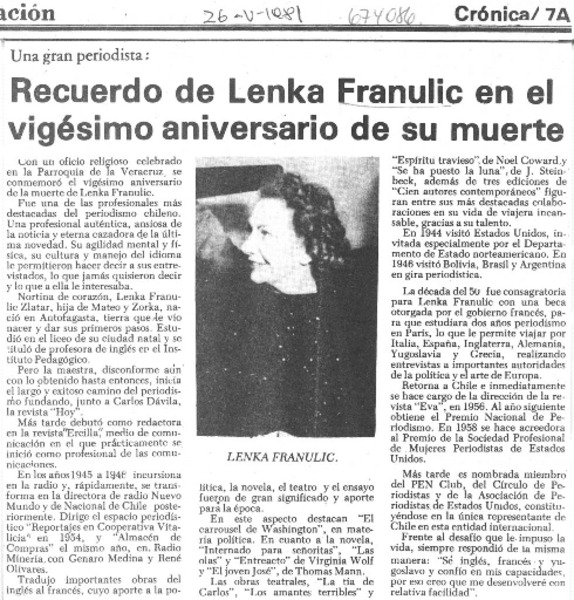 Recuerdo de Lenka Franulic en el vigésimo aniversario de su muerte.
