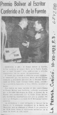 Premio Bolívar al escritor conferido a D. de la Fuente.