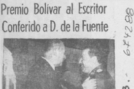 Premio Bolívar al escritor conferido a D. de la Fuente.