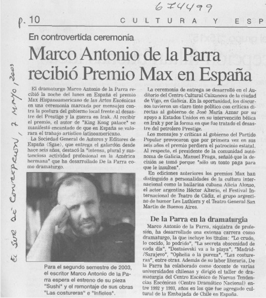 Marco Antonio de la Parra recibió Premio Max en España.