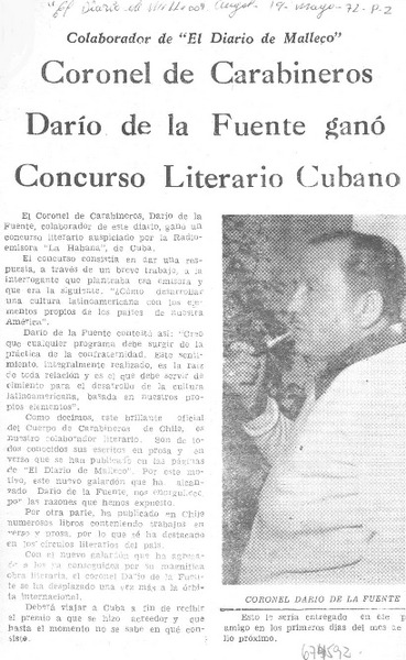 Coronel de carabineros Darío de la Fuente ganó concurso literario cubano.