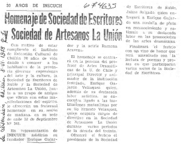 Homenaje de Sociedad de Escritores y Sociedad de Artesanos La Unión.