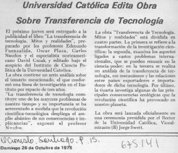 Universidad Católica edita obra sobre transferencia de tecnología