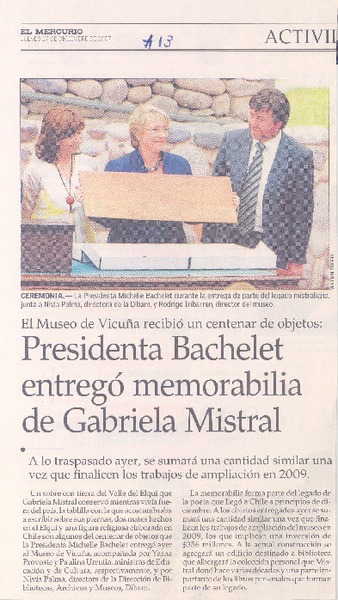 Presidenta Bachelet entregó memorabilia de Gabriela Mistral