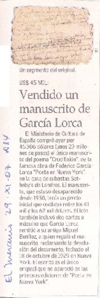 Vendido un manuscrito de García Lorca