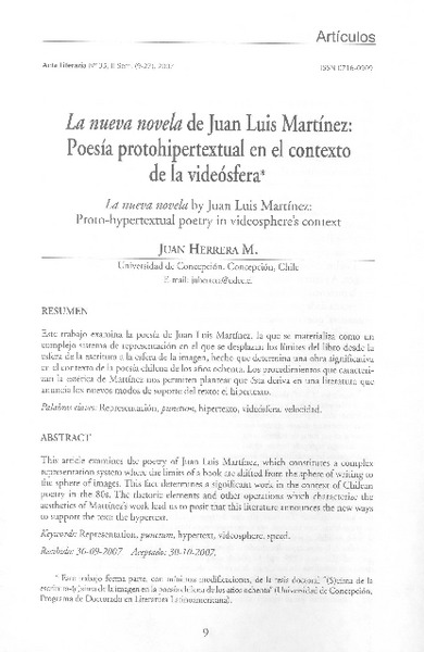 La nueva novela de Juan Luis Martínez: Poesía protohipertexual en el contexto de la videósfera