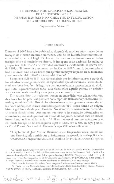 El revisionismo marxista y los desafíos de la historiografía. Hernán Ramírez Necochea y su interpretacion de la guerra civil chilena de 1891