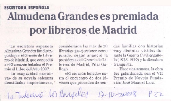 Almudena Grandes es premiada por libreros de Madrid