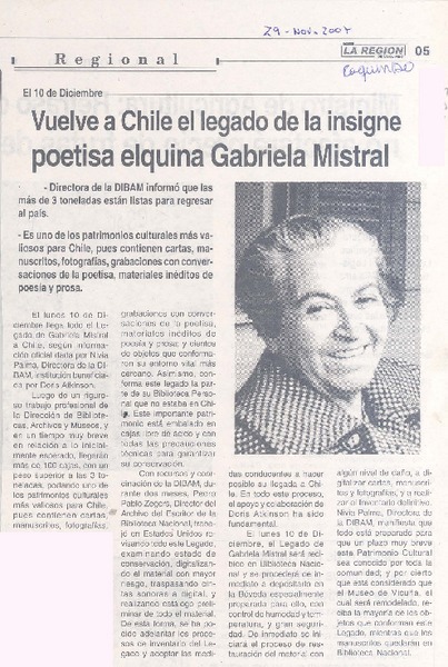 Vuelve a Chile el legado de la insigne poetisa elquina Gabriela Mistral