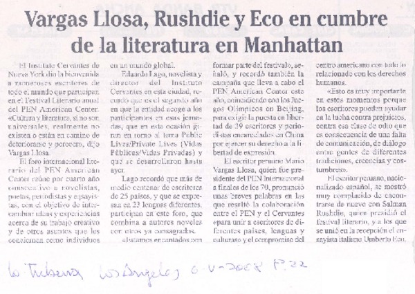 Vargas Llosa, Rushdie y Eco en cumbre de la literatura en Mnhattan