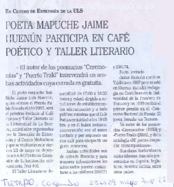 Poeta mapuche Jaime Huenún participa en café poetico y taller literario