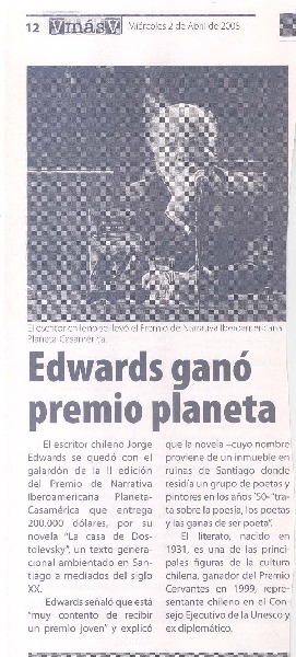 Edwards ganó premio Planeta