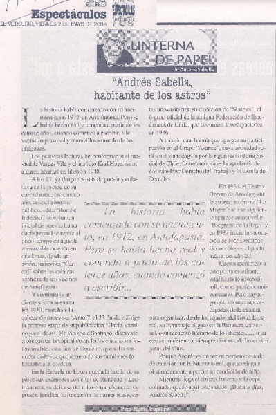 "Andrés Sabella, habitante de los astros"