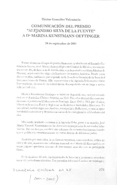 Comunicación del Premio "Alejandro Silva de la Fuente" a Da. Marina Kunstman Oettinger