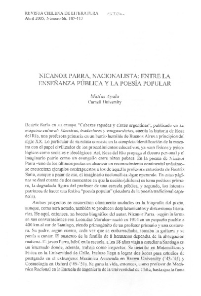 Nicanor Parra, nacionalista: entre la enseñanza pública y la poesía popular