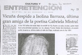 Vicuña despide a Isolina Barraza, última gran amiga de la poetisa Gabriela Mistral
