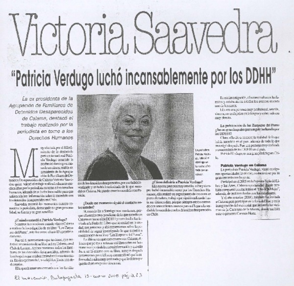 "Patricia Verdugo luchó incansablemente por los DDHH" (entrevistas)