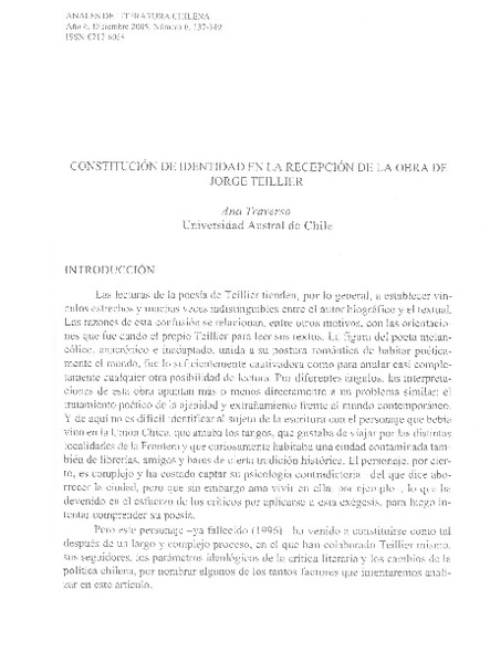 Constitución de identidad en la recepción de la obra de Jorge Teillier