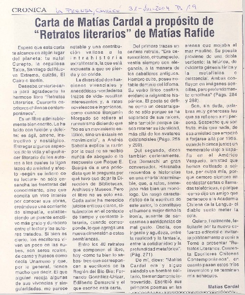 Carta de Matías Cardal a propósito de "Retratos literarios" de Matías Rafide