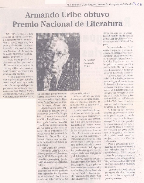 Armando Uribe obtuvo Premio Nacional de Literatura
