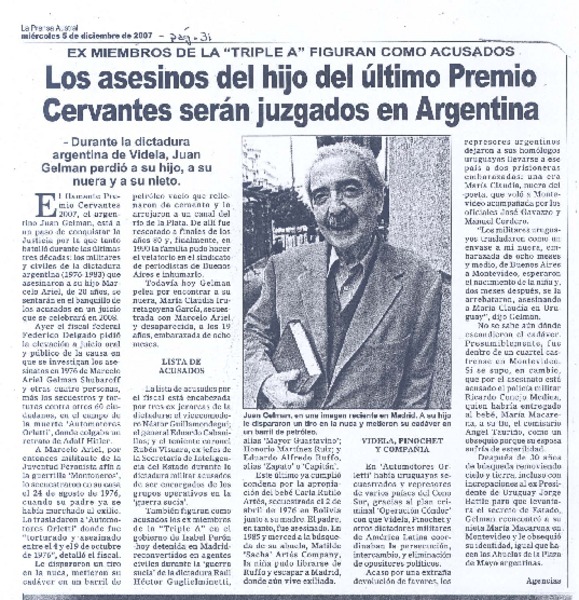 Los asesinos del hijo del último Premio Cervantes serán juzgados en Argentina